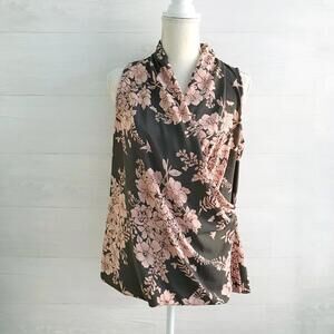 CAbi - Taupe gray & pink floral faux wrap sleeveless top, M